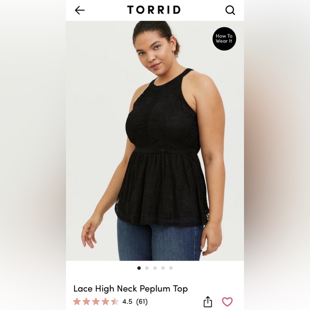 Torrid Black Lace High Neck Peplum Top